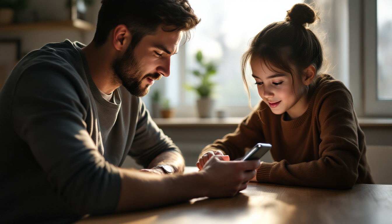 Parent and teenager reviewing privacy settings together on a phone at a kitchen table